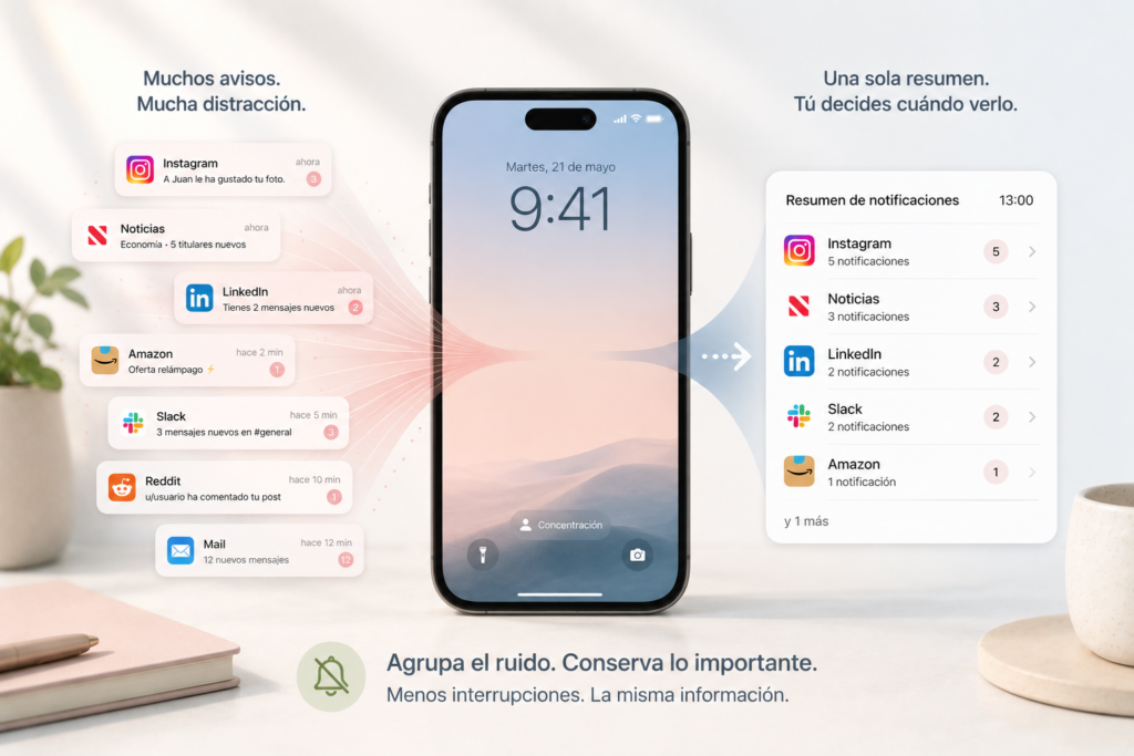 Resumen de notificaciones Apple en iPhone para reducir interrupciones y mantener el foco durante el día.