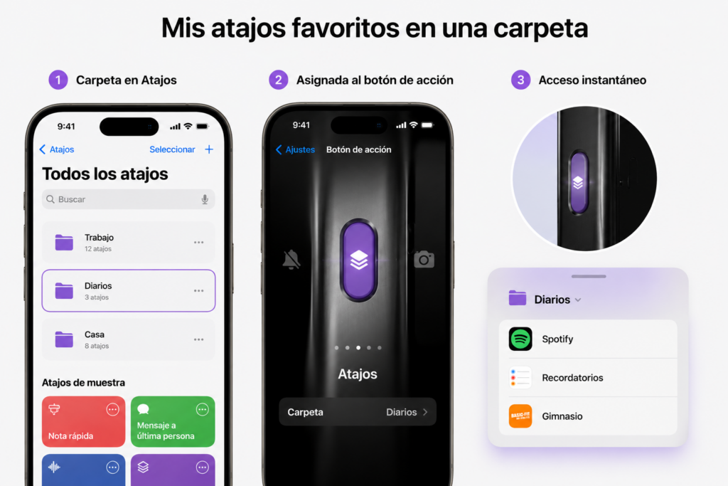 Carpeta de Atajos de Apple asignada al botón de acción del iPhone para acceder rápidamente a automatizaciones frecuentes
