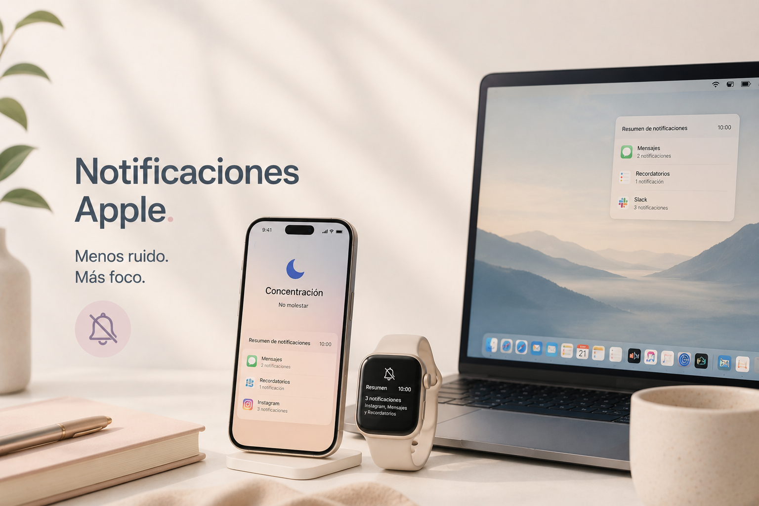 Notificaciones Apple configuradas en iPhone, Apple Watch y Mac para reducir distracciones y mejorar la concentración.