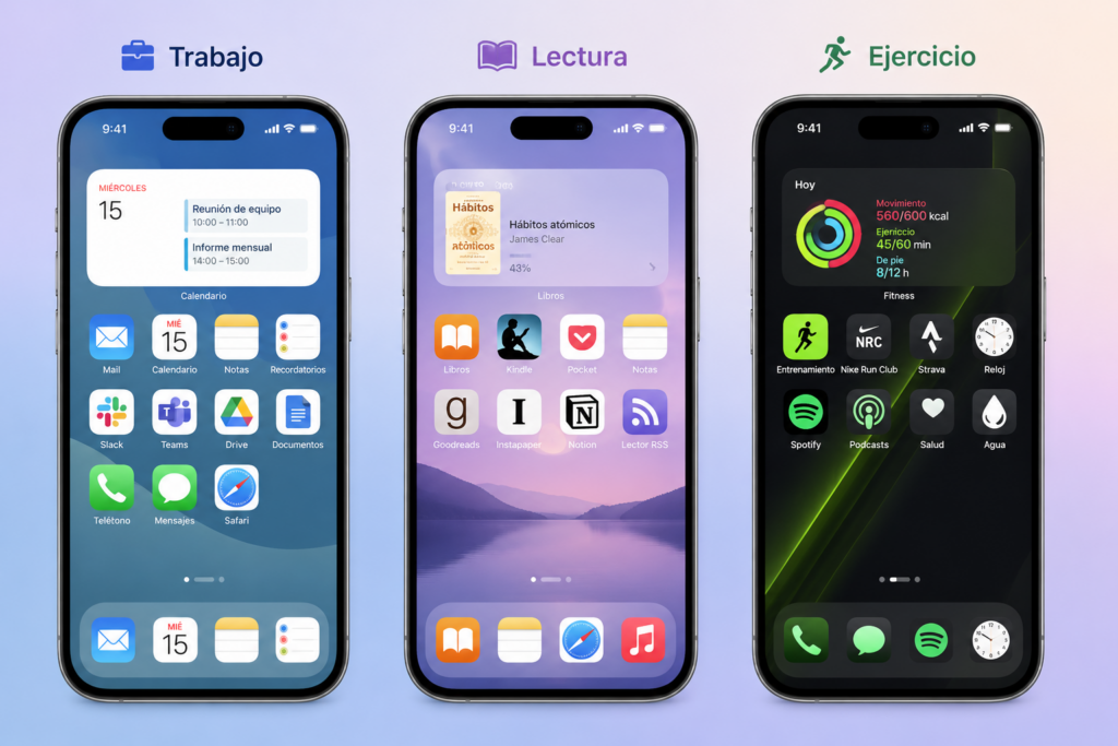 Diferentes ejemplos de modos de concentración como Trabajo, Lectura y Ejercicio